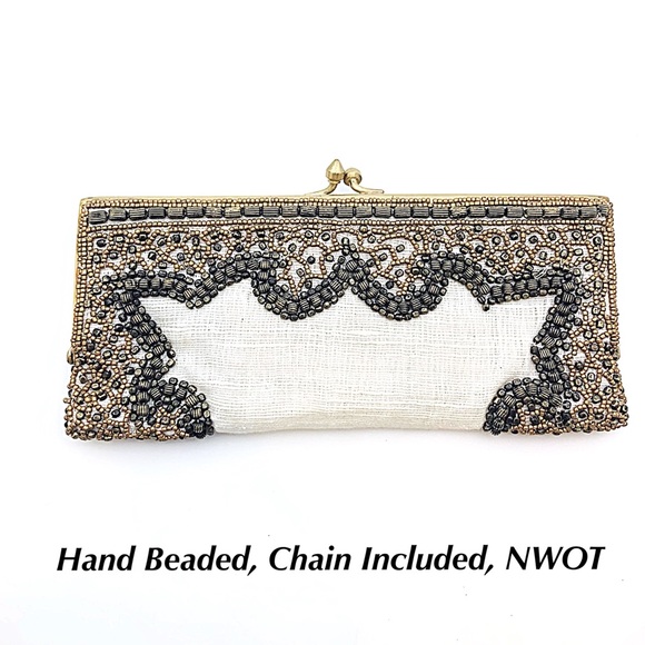 COPY - Moyna Convertible Beaded Clutch in Linen & Neutral Colored Beads, NWOT - Picture 2 of 11